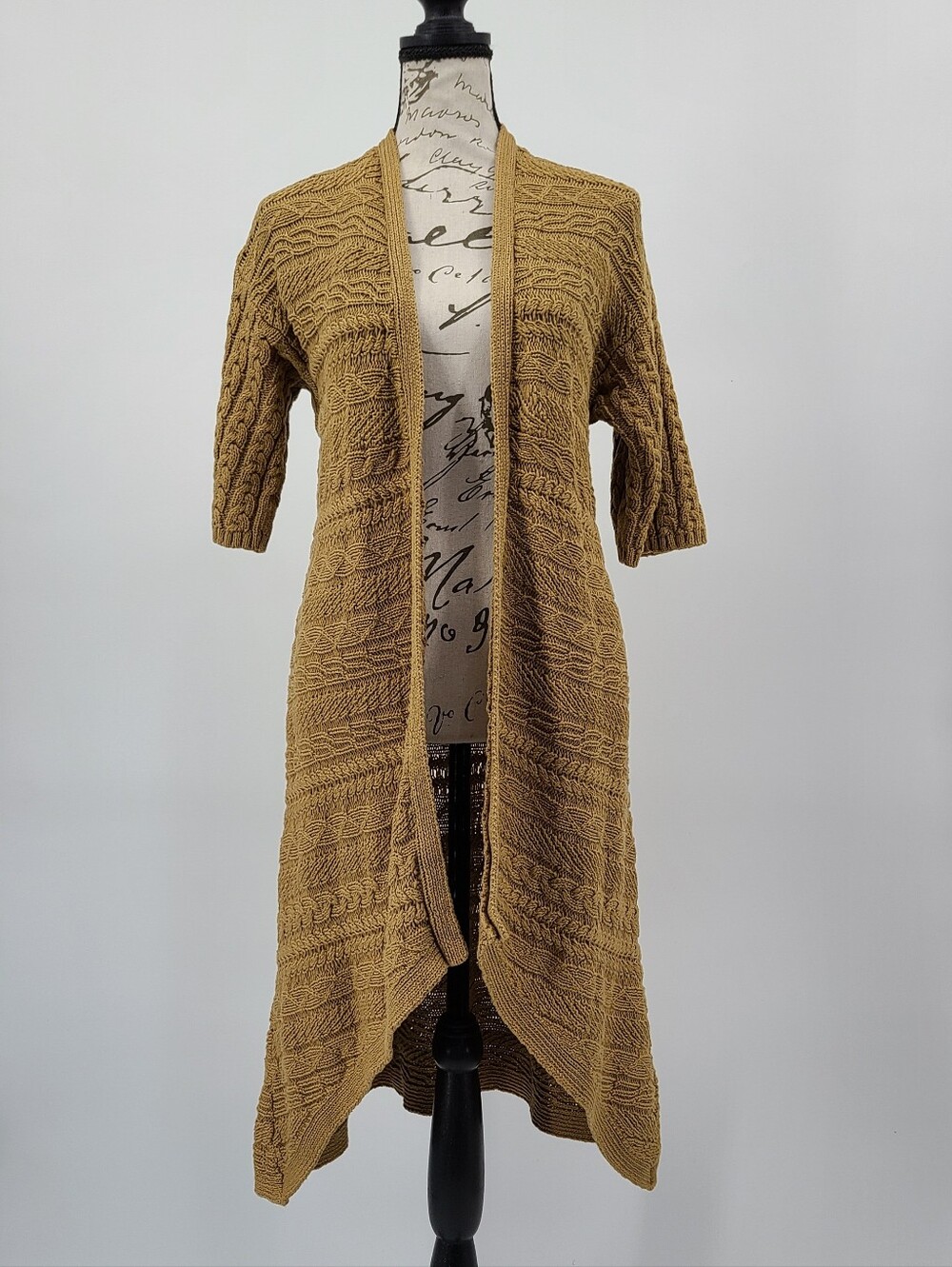 Chico's Camel Cable Knit 100% Cotton Open-Front Duster Cardigan Size Small